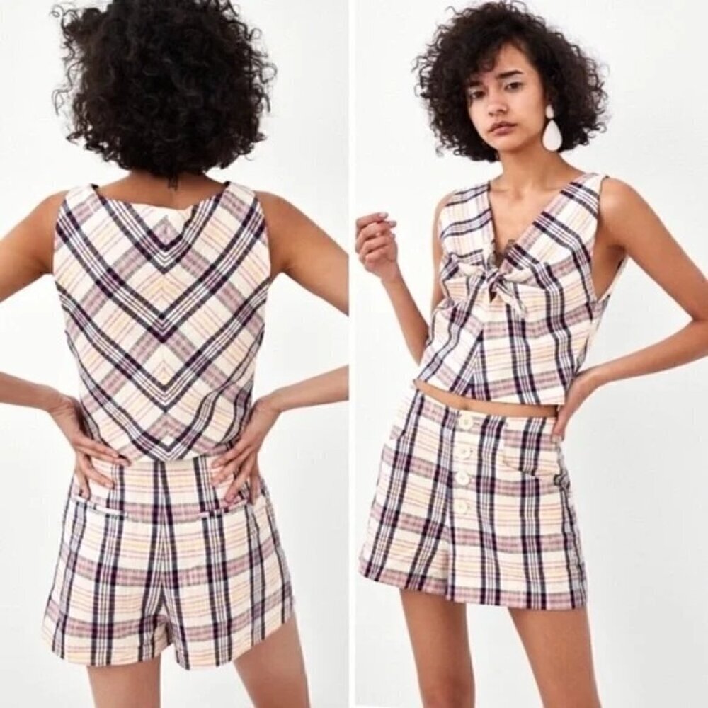 Zara TRF pink plaid v neck cropped top size M